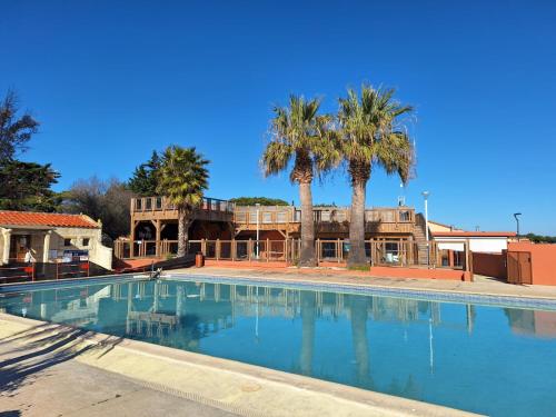 une piscine avec des palmiers et un bâtiment dans l'établissement Mobil home 6 personnes, au Barcarès