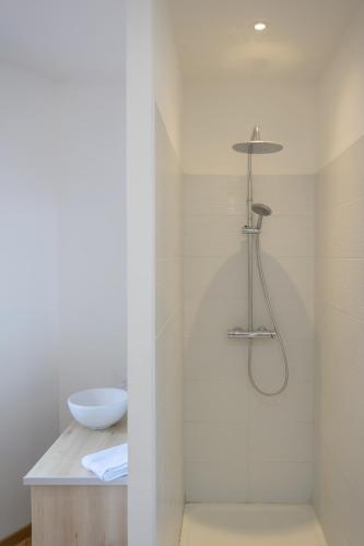 a white bathroom with a sink and a shower at Grand Central Suites - 4 Chambres Premium in Pau