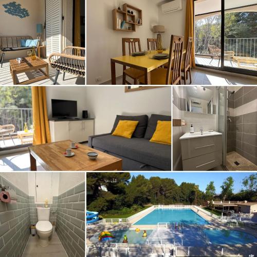 un collage de photos d'une maison avec une piscine dans l'établissement Balthachille - T2 plages et lac - Clim - Parking - Wifi très haut débit, à Six-Fours-les-Plages