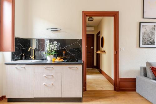 une cuisine avec un évier et un plan de travail dans l'établissement Bronze, all comforts, hyper center 6P, à Roanne