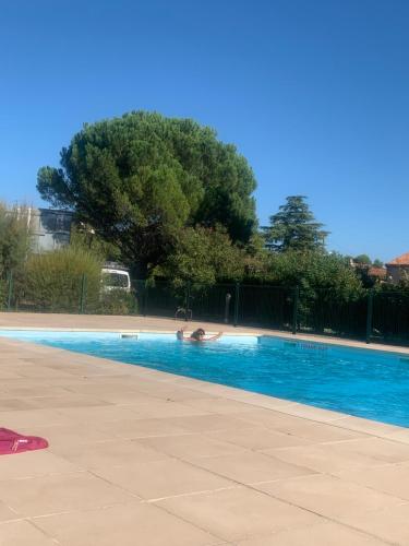 une personne se baignant dans une piscine dans l'établissement Chambre chez particulier avec piscine, à Carpentras