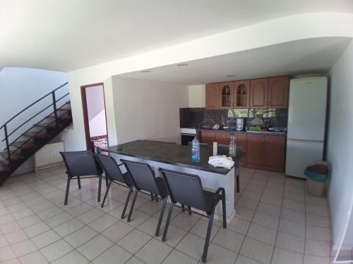 Una cocina con mesa y sillas y un refrigerador. en Lake Surduc house for rent, en Fîrdea