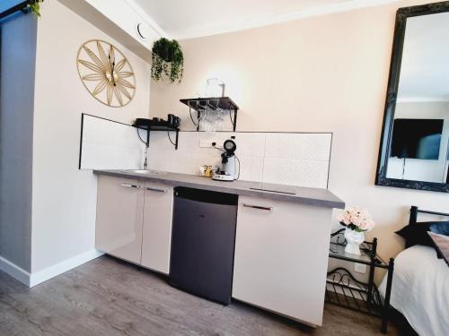 une cuisine avec des armoires blanches et un comptoir dans l'établissement Orphelin2 balnéo plaisir & détente au centre ville, à Reims