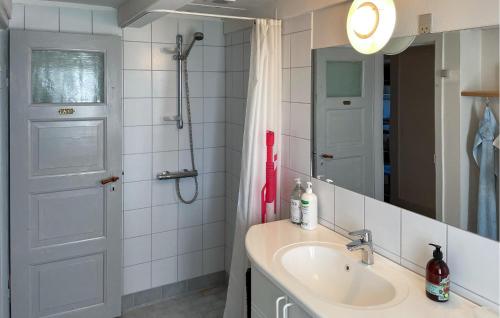 a bathroom with a sink and a mirror and a shower at Cozy Home In Horslunde With Wifi in Horslunde