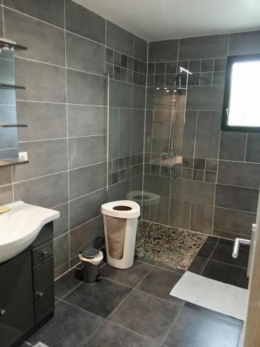 une salle de bain avec une douche, des toilettes et un lavabo dans l'établissement ViLLA NEUVE 115m2 ,TOUT CONFORT AVEC PiSCiNE Chauffée-JARDiNET BASSiN ARCACHON, à Gujan-Mestras