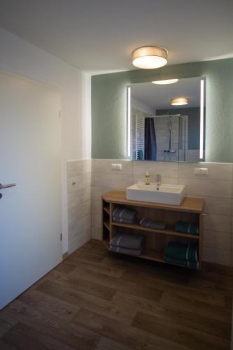 a bathroom with a sink and a mirror at Ferienwohnung Busch 4 in Bad Sachsa