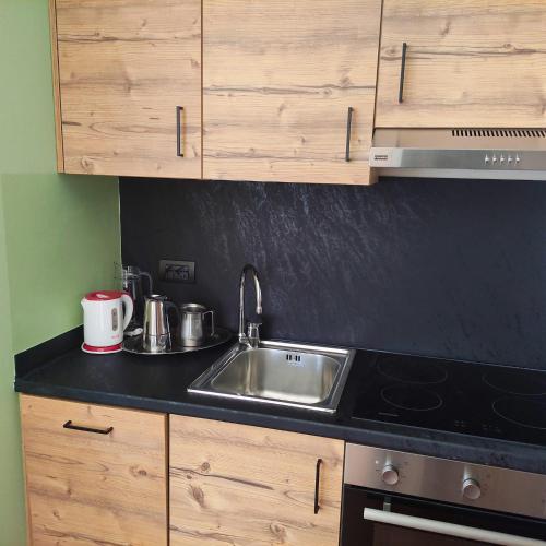 a kitchen with a sink and a stove at Residence Primula in Madesimo