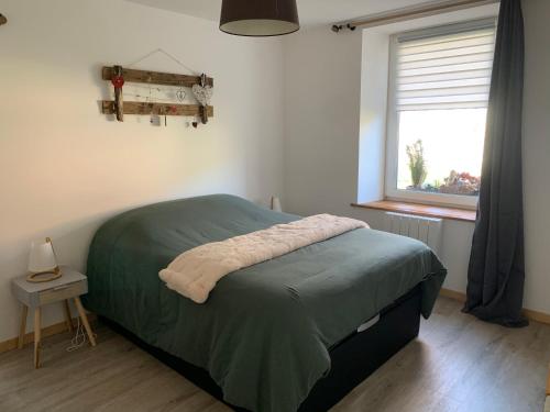 a bedroom with a green bed and a window at Appartement 2/4 personnes in Bussang
