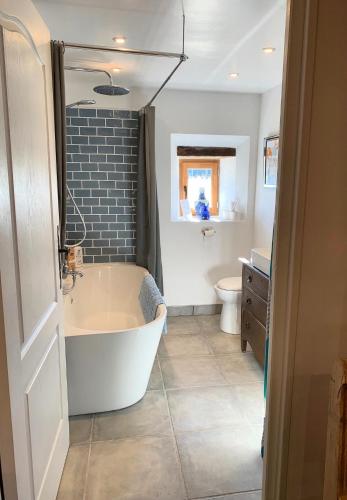 une salle de bain avec baignoire et toilettes dans l'établissement Le Petit Donjon at Chateau Mareuil, à Brigueuil-le-Chantre