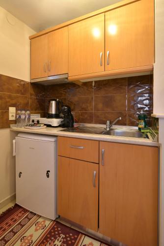 a kitchen with wooden cabinets and a sink and a dishwasher at Εlvina apartments in Leptokaria