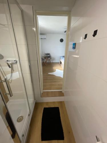 a small bathroom with a shower and a mirror at Apartment house close to Bojnice in Prievidza