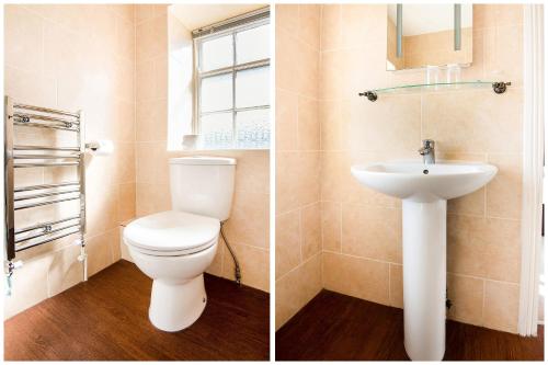 two pictures of a bathroom with a toilet and a sink at The Regency, Clifton Bristol in Bristol