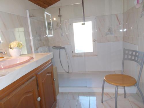 La salle de bains est pourvue d'un lavabo, d'une douche et d'une chaise. dans l'établissement Tramontane chambre salon et piscine, à Jonquerettes