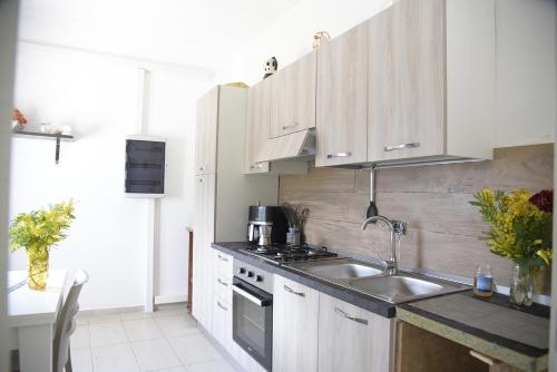a kitchen with white cabinets and a sink at Prestige Affittacamere Paestum in Stazione di Paestum