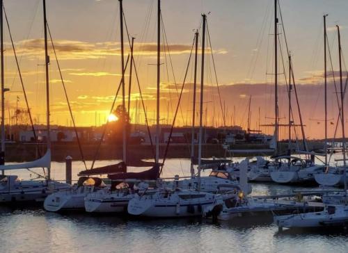 a group of boats docked in a marina at sunset at Villa Creole 0308 Luxe appartement met verwarmd zwembad Nieuwpoort Jachthaven in Nieuwpoort