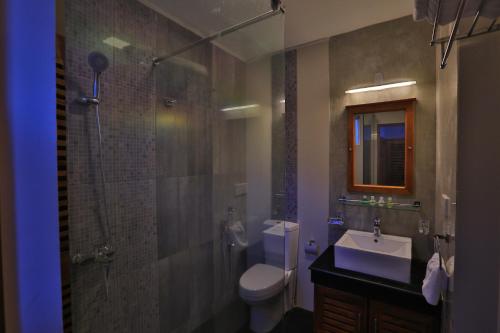 uma casa de banho com um chuveiro, um WC e um lavatório. em Lemas Holiday Bungalow em Nuwara Eliya