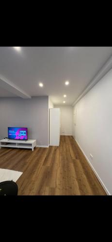 a living room with a tv and a wooden floor at an der Elbe in Freiburg - Elbe
