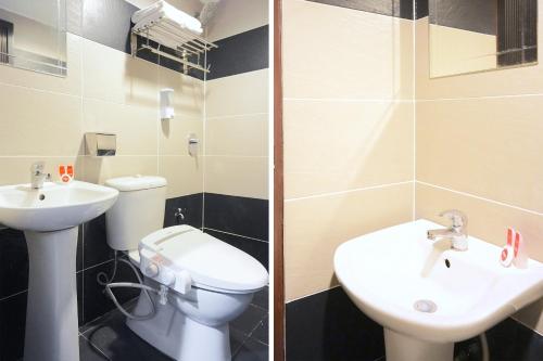 two pictures of a bathroom with a toilet and a sink at Hotel O Utama Inn in Bintulu
