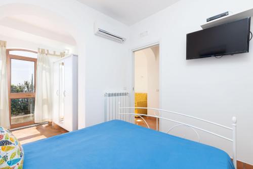a bedroom with a blue bed and a flat screen tv at Estate4home - Casa Satriano in Positano