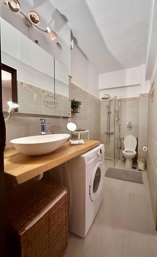 a bathroom with a sink and a washing machine at SeaTerra Boutique suite in Kalamos