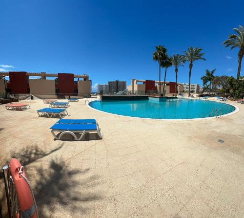 a large swimming pool with palm trees in a resort at Bilbao House in Adeje