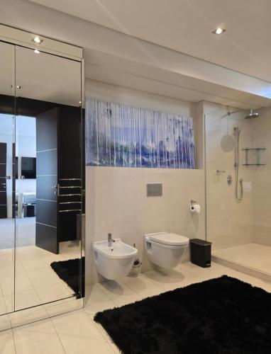 a bathroom with a shower and a toilet and a sink at Luxury Penthouse with Private Pool in Cape Town