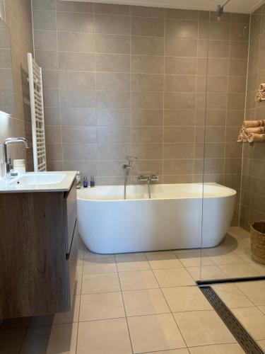 a bath tub and a sink in a bathroom at KorenGastvrij in Noordbroek
