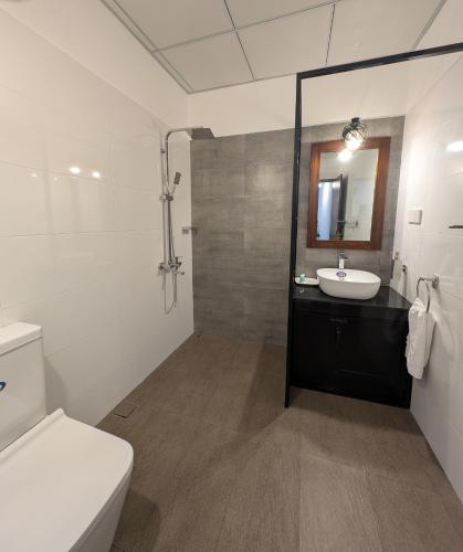 a bathroom with a sink and a toilet and a mirror at Nildiya Cottages in Elpitiya