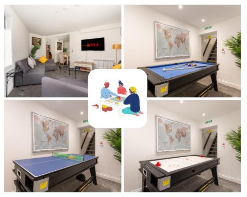 a collage of four pictures of a living room with a pool table at Bright and Spacious 2BR Maisonette Sleeps 8, Game Room, 5 mins to Brighton Beach and City Centre in Brighton & Hove