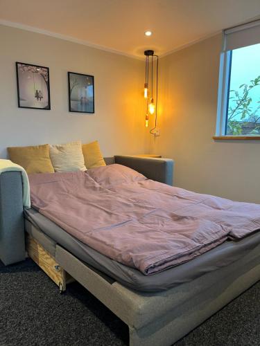 a large bed in a room with a window at Cosy Guesthouse near Copenhagen in Rødovre