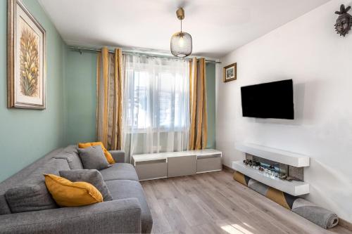 un salon avec un canapé et une télévision à écran plat dans l'établissement Beautiful 3 room apartment - Parking -Centre -Tram, à Nice