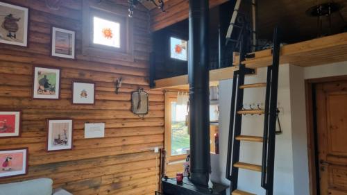 a room with a wood paneled wall with a wood stove at Villa Roza in Murarátka