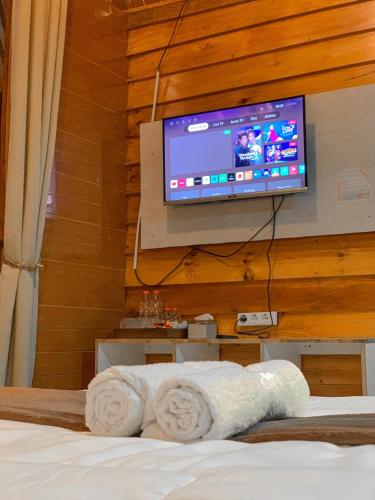 a bedroom with a bed with a television on a wall at Avana Cabin Sikunir Lake View in Kejajar