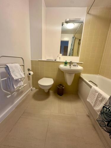 a bathroom with a sink and a toilet and a mirror at Gunwharf Quays Harbour Apartments in Portsmouth