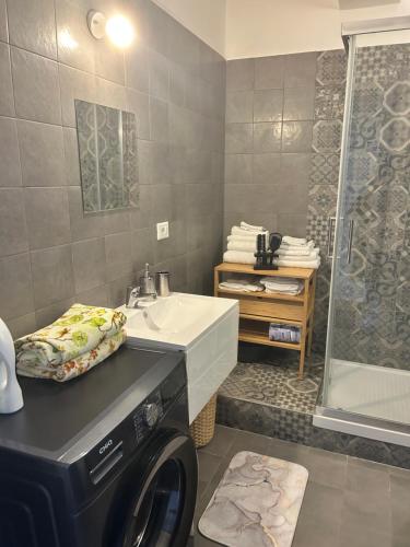 Un baño con lavadora y lavabo. en home SIKAN casa al mare Licata, en Butera