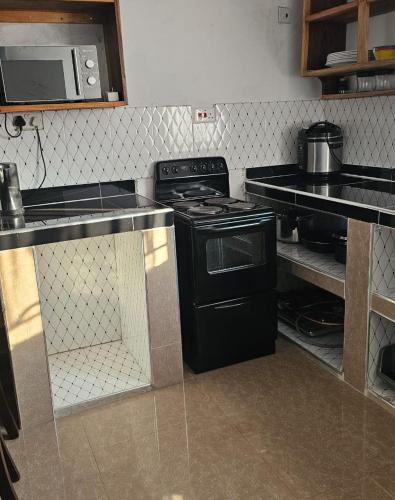 a kitchen with a black stove and a microwave at Mukamba 2 Bedroom Apartment in Livingstone
