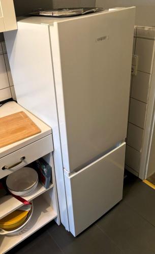 a white refrigerator with its door open in a kitchen at Le petit Charme - Wohnen in einer historischen Villa in Suhl