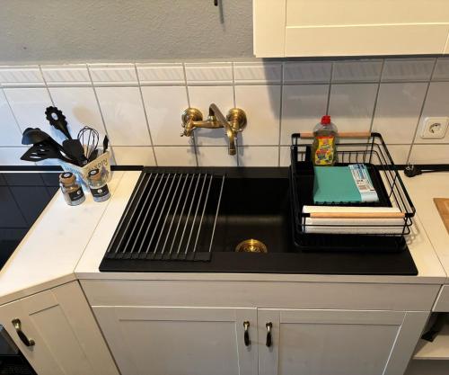 a kitchen sink with a rack over the sink at Le petit Charme - Wohnen in einer historischen Villa in Suhl