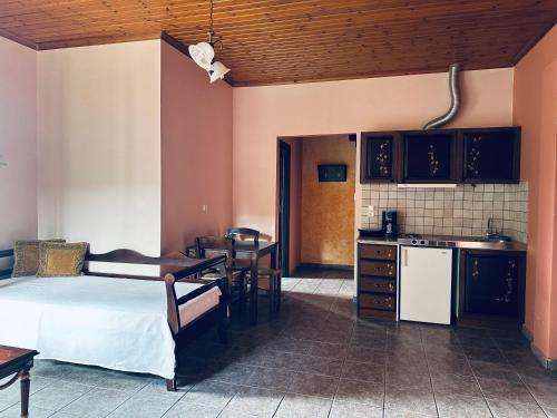 a room with a bed and a table and a kitchen at Panthoron Tzoumerka in Vourgareli