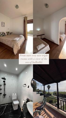 a collage of photos of a hotel room with a bed and a balcony at Hotel Paradise Ouranoupolis in Ouranoupoli