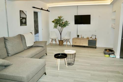 a living room with a couch and a tv at Hacienda Adejo in Moya
