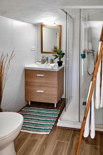 une salle de bain avec un lavabo et une douche dans l'établissement Li Cabanoun, Studios au Soleil Issambres Sainte-Maxime à 3min de la plage à pied, à Sainte-Maxime