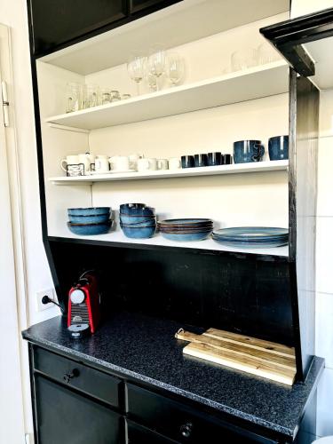 a kitchen with blue and white dishes on shelves at Maison Manderscheid, Vulkaneifel in Manderscheid