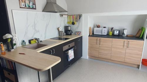 une petite cuisine avec un évier et une cuisinière dans l'établissement Appartement indépendant Ar Neiz, à Fouesnant