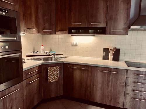 a kitchen with wooden cabinets and a sink at Penzion Prestige Tennis Park in Frýdek-Místek