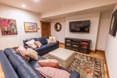 a living room with a blue couch and a tv at Mountain Lodge Oasis w Hot Tub-Rio Grande Trail in Carbondale