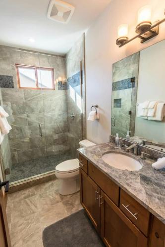 a bathroom with a toilet and a sink and a shower at Mountain Lodge Oasis w Hot Tub-Rio Grande Trail in Carbondale