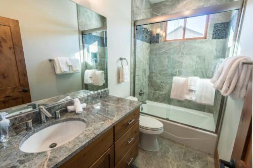 a bathroom with a sink and a toilet and a shower at Mountain Lodge Oasis w Hot Tub-Rio Grande Trail in Carbondale