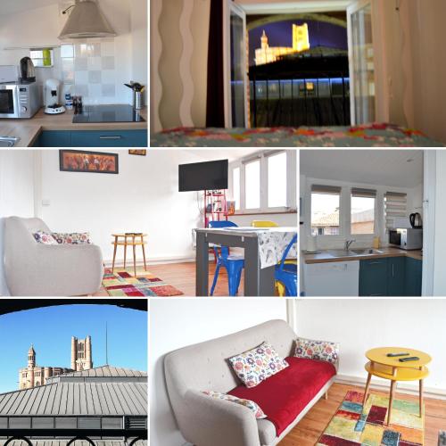 a collage of photos of a kitchen and a living room at Je jazz les couleurs à Albi - Centre Unesco - Parking - Climatisation - Animaux acceptés in Albi