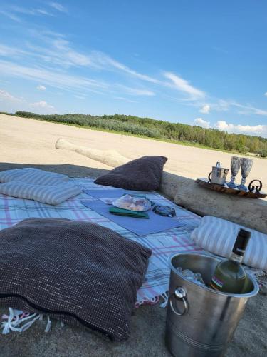 a picnic blanket on the ground next to a beach at Къща за гости Mia Maria in Tutrakan